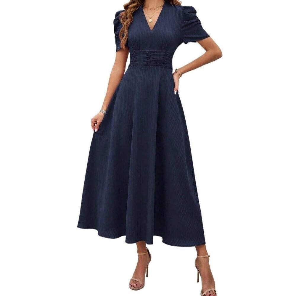 Women’s Navy Midi Dress Puff Sleeve V-Neck Ruched Waist Size L NWT